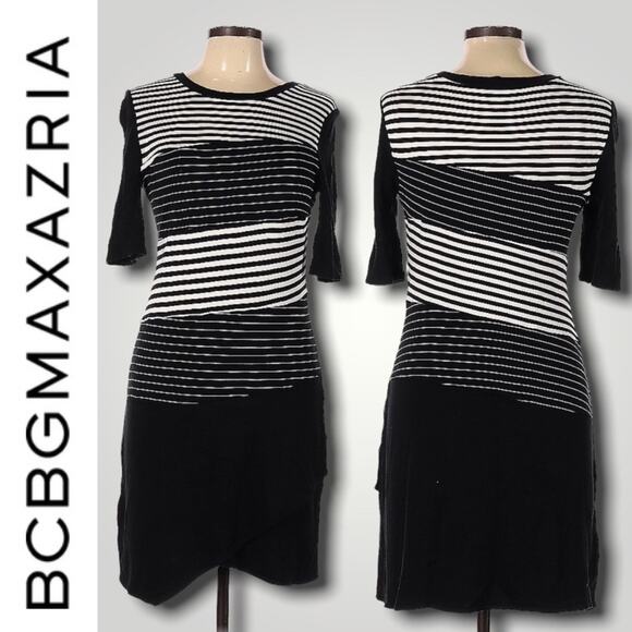 BCBG MAX AZARIA STRIPED BODYCON STRIPED SWEATER DRESS ASYMMETRICAL LARGE - Picture 1 of 9
